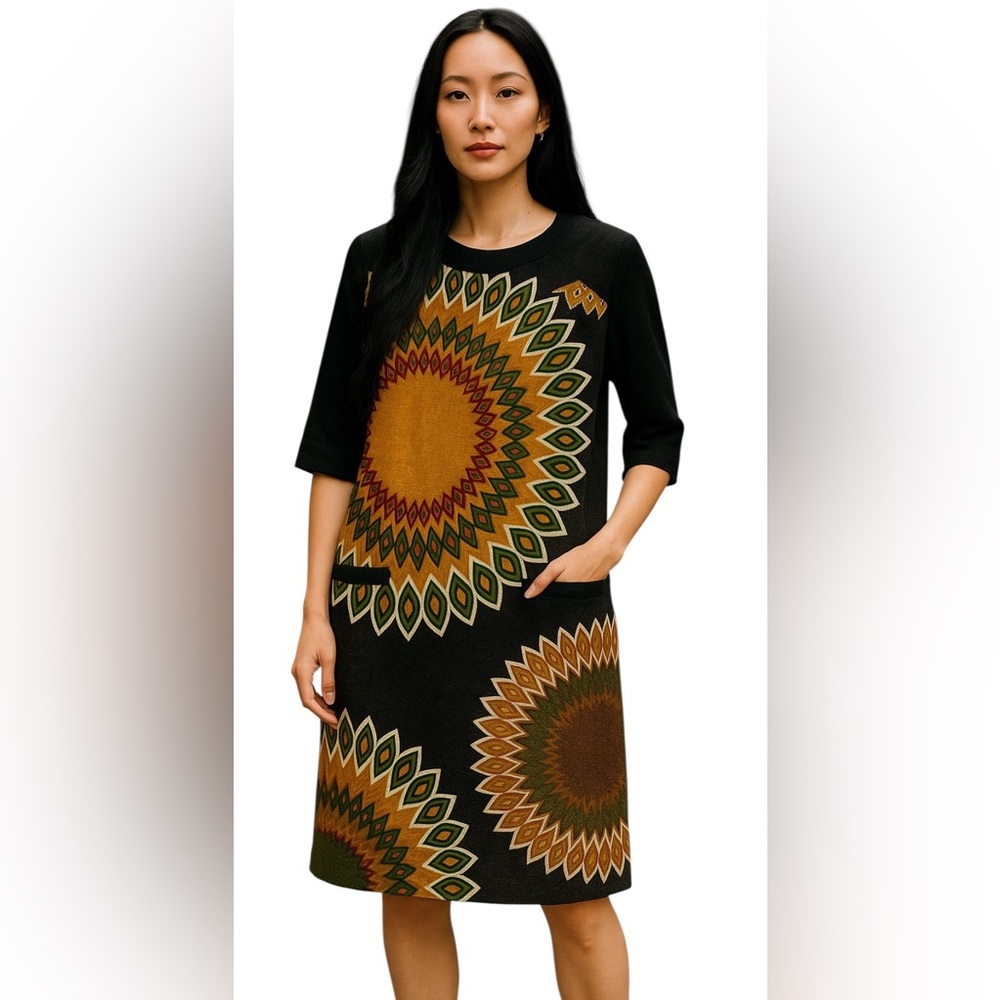 Aryeh Bohemian Artsy Geometric Print Tunic Dress 3/4 Sleeve Pocket size Lโ Black
